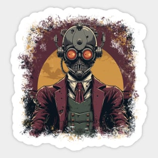 Vintage Illustration - Stylish Skeleton Robot Against the Yellow Moon, a Retro Design with a Horror Twist. Sticker